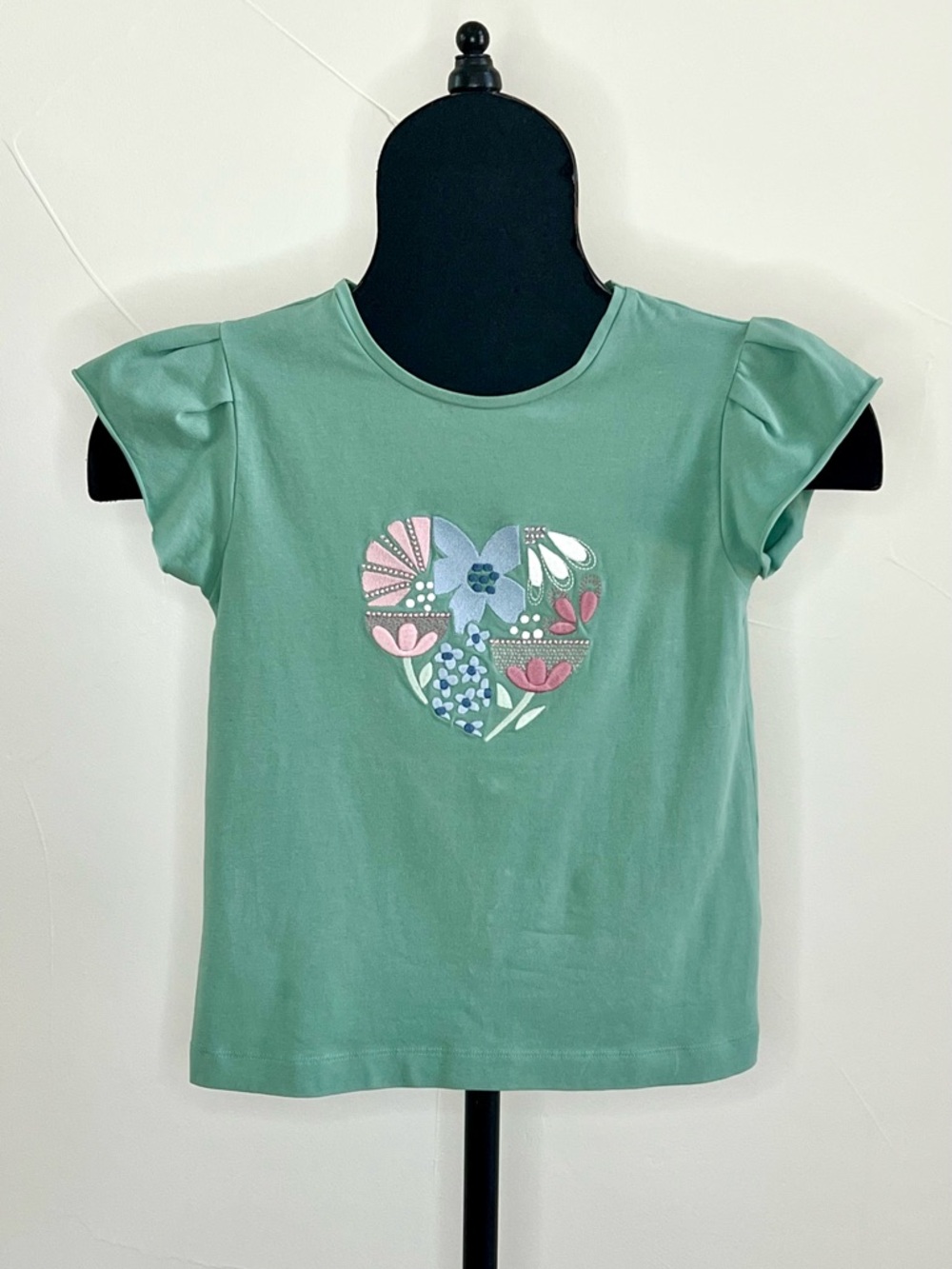 Mayoral- Sage Green T-Shirt, Embroidered Flowers in Heart Shape, Size 9